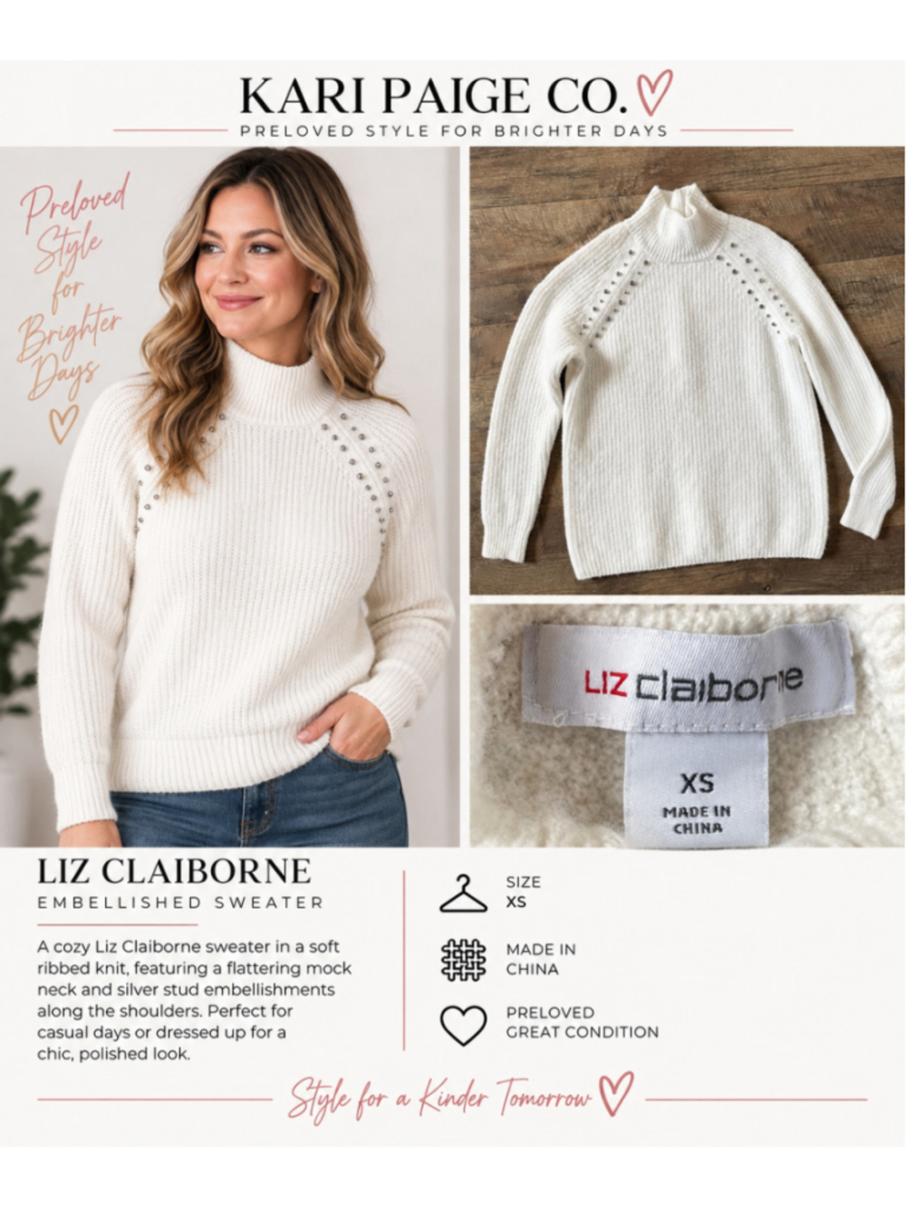 Women's Liz Claiborne White Ribbed Mock Neck Embellished Sweater Size XS F26